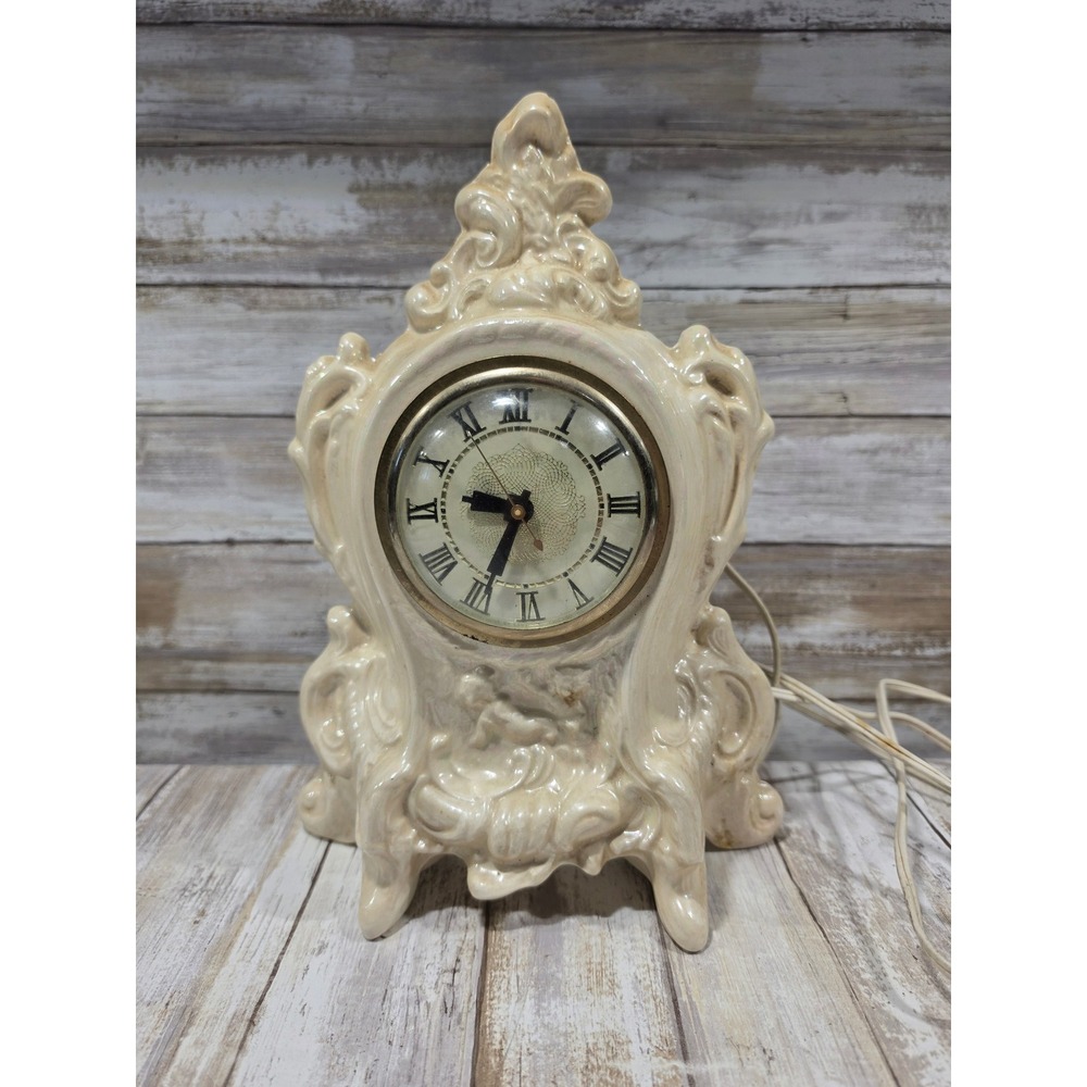 Vintage Lanshire Electric Mantle Clock Iridescent Pearlized Ceramic Ornate WORKS